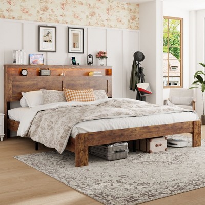 NicBex Full/Queen/King Vintage Bed Frame with 2-Tier Storage & LED Headboard,Modern Platform Bed for Bedroom,No Box Spring Needed