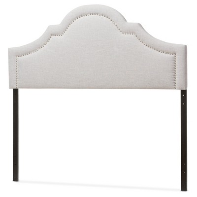 Grayish Beige Upholstered Queen Headboard with Silver Nail Trim