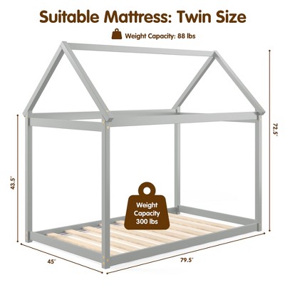 Gray Twin House Bed with Wood Frame and Roof