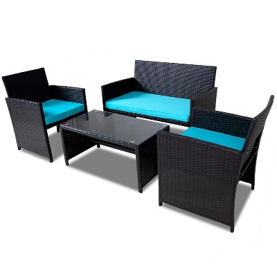 FIONECA Deluxe 4-Piece Patio Furniture Set ¨C Black Rattan Outdoor Conversation Set with Light Blue Cushions & Table