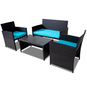 FIONECA Deluxe 4-Piece Patio Furniture Set ¨C Black Rattan Outdoor Conversation Set with Light Blue Cushions & Table - 1 of 4