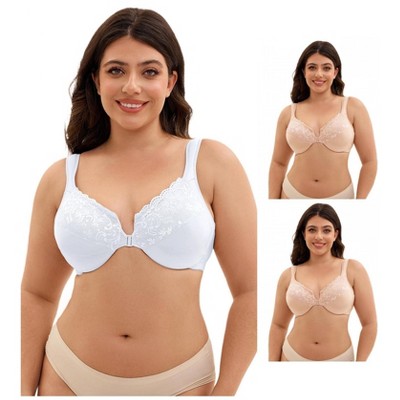 INSPIRE CHIC 3 Pcs Women's Front Closure Lace Trim Underwire Adjustable Straps Plunge Bras