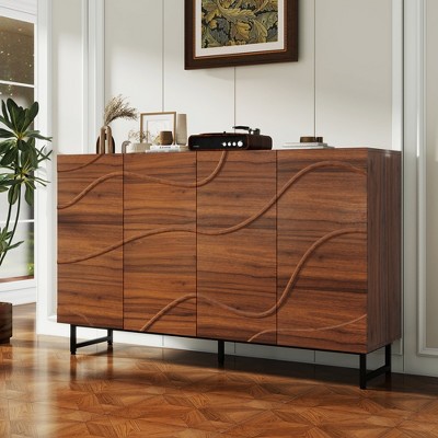 Whisen Modern Art Solid Wood Sideboard & Buffet, Storage Cabinet with Wave Relief Design, Iron Legs