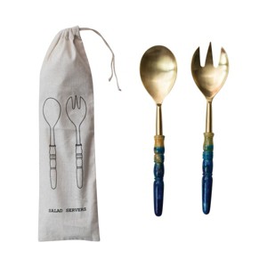 Storied Home 2-Piece Stainless Steel Salad Servers with Marbled Resin Handles, Gold Finish and Blue - 1 of 2