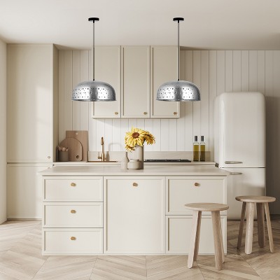 Silver Dome Pendant Light with Star Cutouts, Adjustable Height