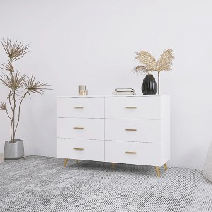 High-gloss finish 6-drawer dresser with gold handles and gold steel legs, white vanity, suitable for bedrooms and living rooms. - 1 of 4