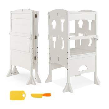 Costway Folding Kitchen Kids Step Ladder Stool Wooden Toddler Safety Tower Helper Coffee/White