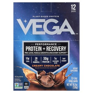 Vega Performance, Protein + Recovery, Creamy Chocolate, 12 Packs, 1.6 oz (44 g) Each - 1 of 4