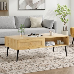 Coffee Table for Living Room,Mid Century Modern Wooden 2-Tier Rectangular Center Table with PVC Rattan Door Drawer - 1 of 4