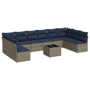 vidaXL Patio Sofa Set with Cushions 11 Piece, Sectional Sofa with Glass Table, Outdoor Conversation Set, Modern Style, Gray Poly Rattan - 1 of 4