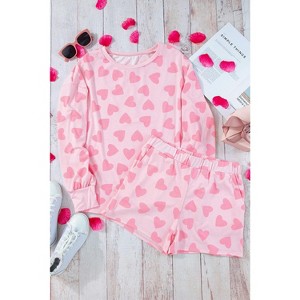 Pink Valentine Heart Shape Print Long Sleeve Top Shorts Lounge Set - 1 of 2