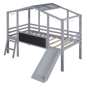Bellemave Twin Size Loft Bed with Ladder and Slide, House Bed with Blackboard and Light Strip on the Roof,Gray - 1 of 3