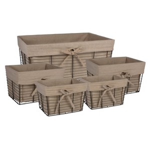 Design Imports Set of 5 Vintage Gray Wire Liner Baskets Taupe: Iron & Cotton, Rectangle, Spot Clean, 18x13x8 - 1 of 4