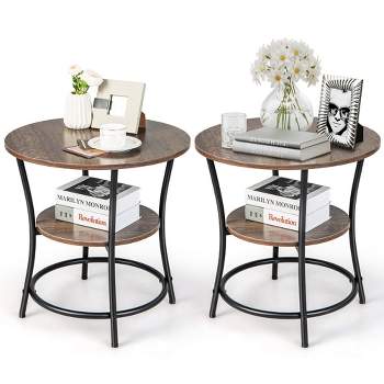 Costway 2 PCS 2-Tier Sofa Side End Table Round Nightstand with Sturdy Metal Frame Brown/Oak