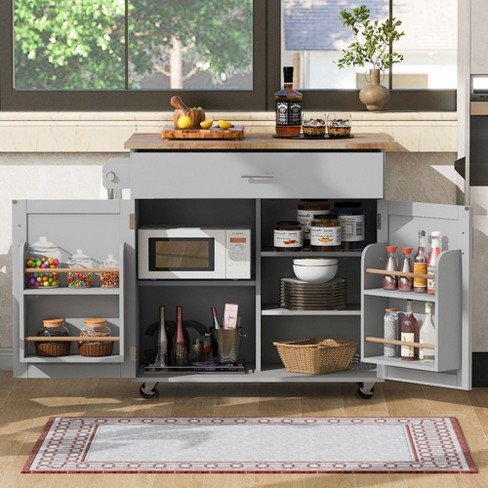 Rolling Kitchen Island with Rubber Wood Top, Storage, Spacious Drawer with Divider & Internal Rack, Adjustable Shelf Tower Rack - image 1 of 4