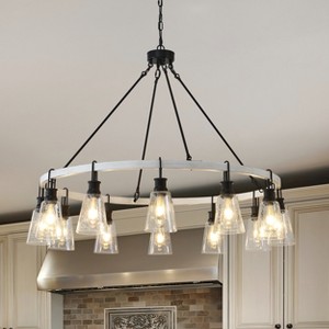 BAOURE 12 Light Wagon Wheel Chandelier Farmhouse Rustic Pendant Light with Seeded Glass Shade for Dining Room Living Room - 1 of 4