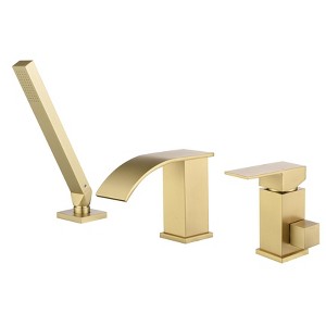 Itopfox Waterfall Roman Tub Faucet with Hand Shower, Deck Mount 3 Hole Bathtub Faucet Set High Flow Bath Tub Faucet Set Solid Brass, Brushed Gold - 1 of 4