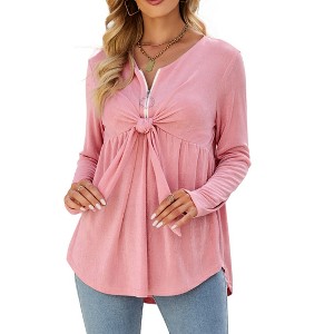 Women's Long Sleeve Front Knot Tops V Neck Ruffle Hem Casual Shirt Zip Up Flowy Blouses - 1 of 4