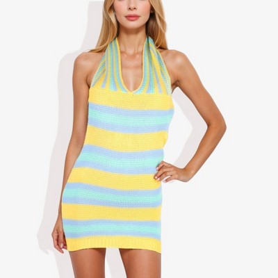 Anna-Kaci Women's Striped Halter Neck Knit Dress With V-Neckline- Large, Yellow