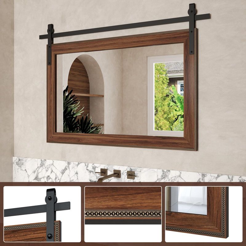 HOMLUX Rectangular Bathroom Vanity Wall Mirror Wooden Framed Rustic Barn Door Entryway Mirror, 3 of 11