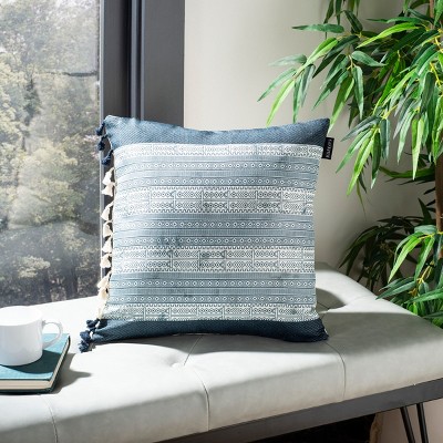 Deep Blue and Gray Geometric Tassel Throw Pillow 16"