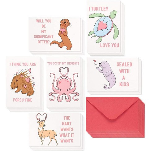 Best Paper Greetings 48 Pack Cute Animal Pun Valentine's Day Cards with Envelopes, 6 Funny Designs, 4 x 6 In - image 1 of 4