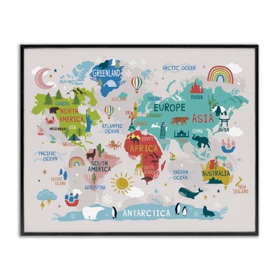 Landmarks & Wildlife Illustration World Map Diagram Chart Framed Wall ...