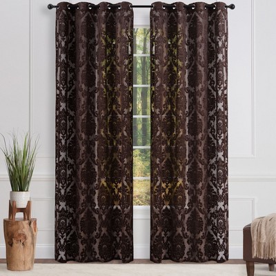 Mocha Velvet Sheer Grommet Window Curtain Panels, 52 x 108 Inches