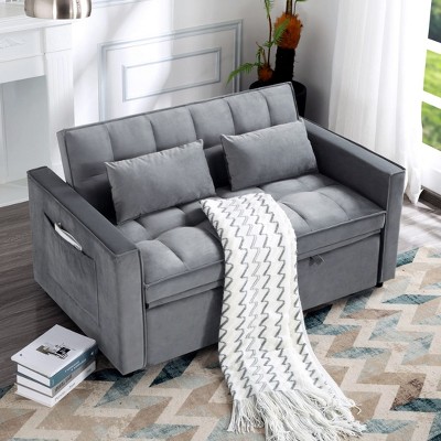 DOMETOUR 55 Inch Pull-out Sleeper Upholstered Sofa Bed with Two Pillows, Futon Convertible Sofa Bed Velvet Loveseat for Living Room Bedroom