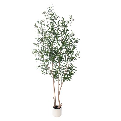 Tree City 6.9FT Grand Faux Olive Tree with 3 Natural Trunks & 1020 Lush Leaves - Potted Artificial Plant with Black Sand for Stylish Home Decor