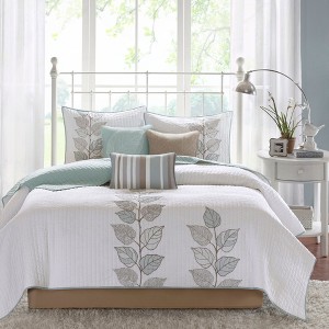 Sapphtopaz Comforter Set 6 Piece Bedding Set Floral Style Leaf Embroidered Reversible Quilt with Throw Pillows - 1 of 4