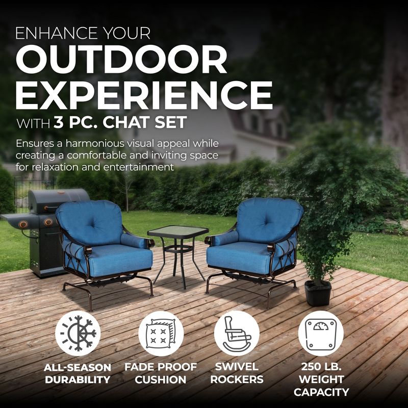 Four Seasons Courtyard Uptown 3 Piece Chat Set with 250 Pound Capacity 2 Steel Spring Rocker Chairs & 1 Side Table with Extra Side Armrest Cushions, 3 of 7