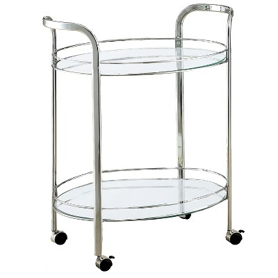 ioHomes Derria Oval Mirrored Serving Cart - Chrome: Art-Deco Style, Tempered Glass, Metal Frame