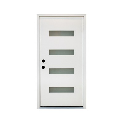 36 x 80 Fiberglass Entry Door with Brickmould, 4-Lite Frosted Glass - Contemporary Style for Home's Front Entrance