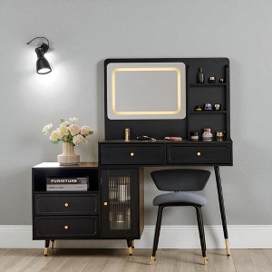 Modern Makeup Vanity Desk with Mirror and Lights,Retractable Dressing Table with Drawers,Cabinet and Power Outlet,Compact Makeup Table for Home - 1 of 4