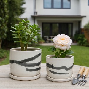 Home Decor Flower Pots and Planters - Hand-Painted Plant Pots with Saucers - Ideal for Garden, Patio, or Room Decor Set of 2 - 5", 4" White & Black - 1 of 4