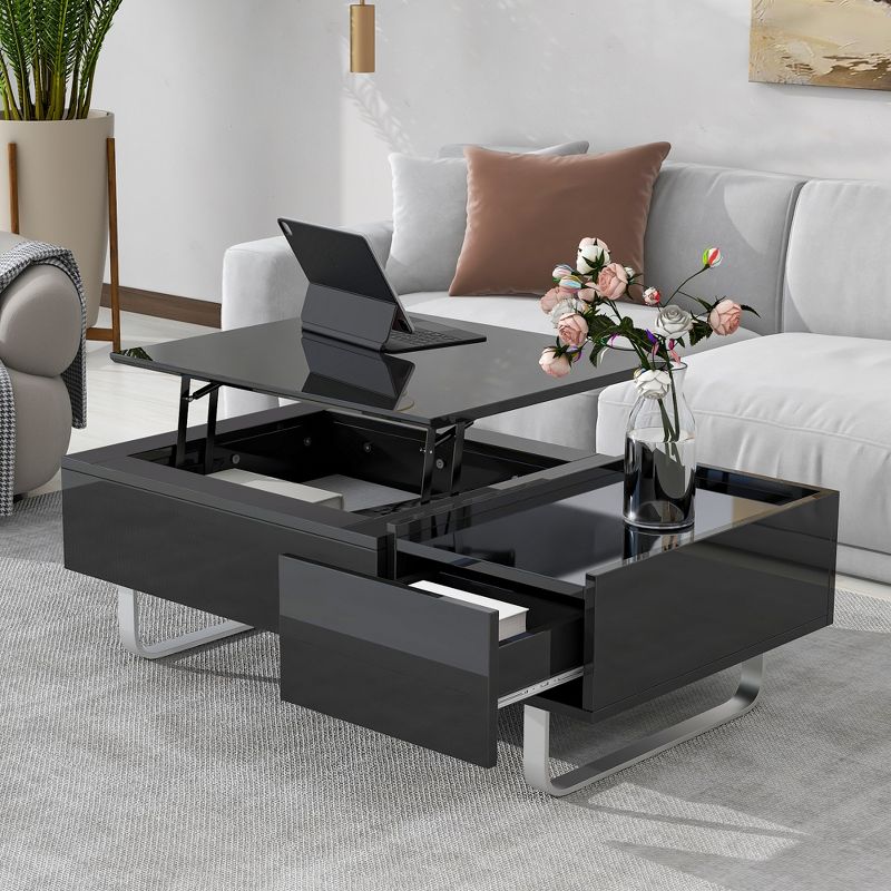 Multi-functional Coffee Table with Lifted Tabletop, Contemporary Cocktail Table with Metal Frame Legs and High-gloss Surface-ModernLuxe, 2 of 15