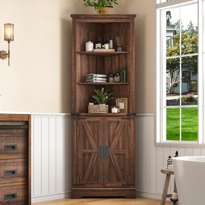 AMERLIFE Farmhouse 68" Tall Corner Cabinet, Tall Storage Cabinet with Barn Door