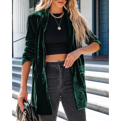 Womens Velvet Blazer Long Sleeve Open Front Blazer Jacket with Pocket Dark Green S