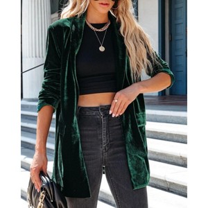 Womens Velvet Blazer Long Sleeve Open Front Blazer Jacket with Pocket Dark Green S - 1 of 3
