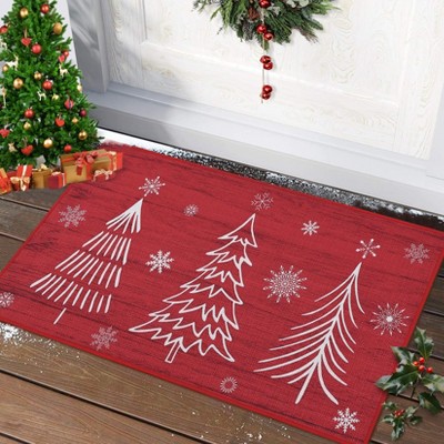 Christmas Welcome Doormat, Washable Non-Slip Holiday Mat, Non-Shedding, Xmas Tree Print for Indoor Outdoor Front Door Entry