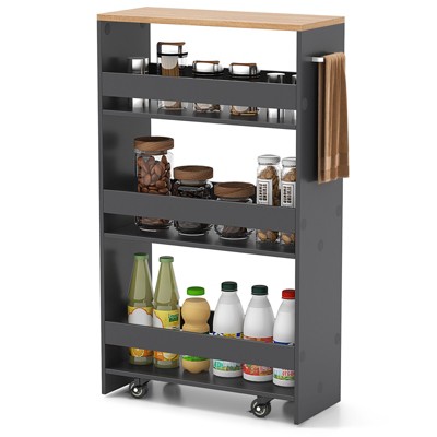 Tangkula 8" Slim Rolling Storage Cart 4-Tier Kitchen Storage Cart on Wheels Mobile Serving Cart w/ Handle & Open Shelves