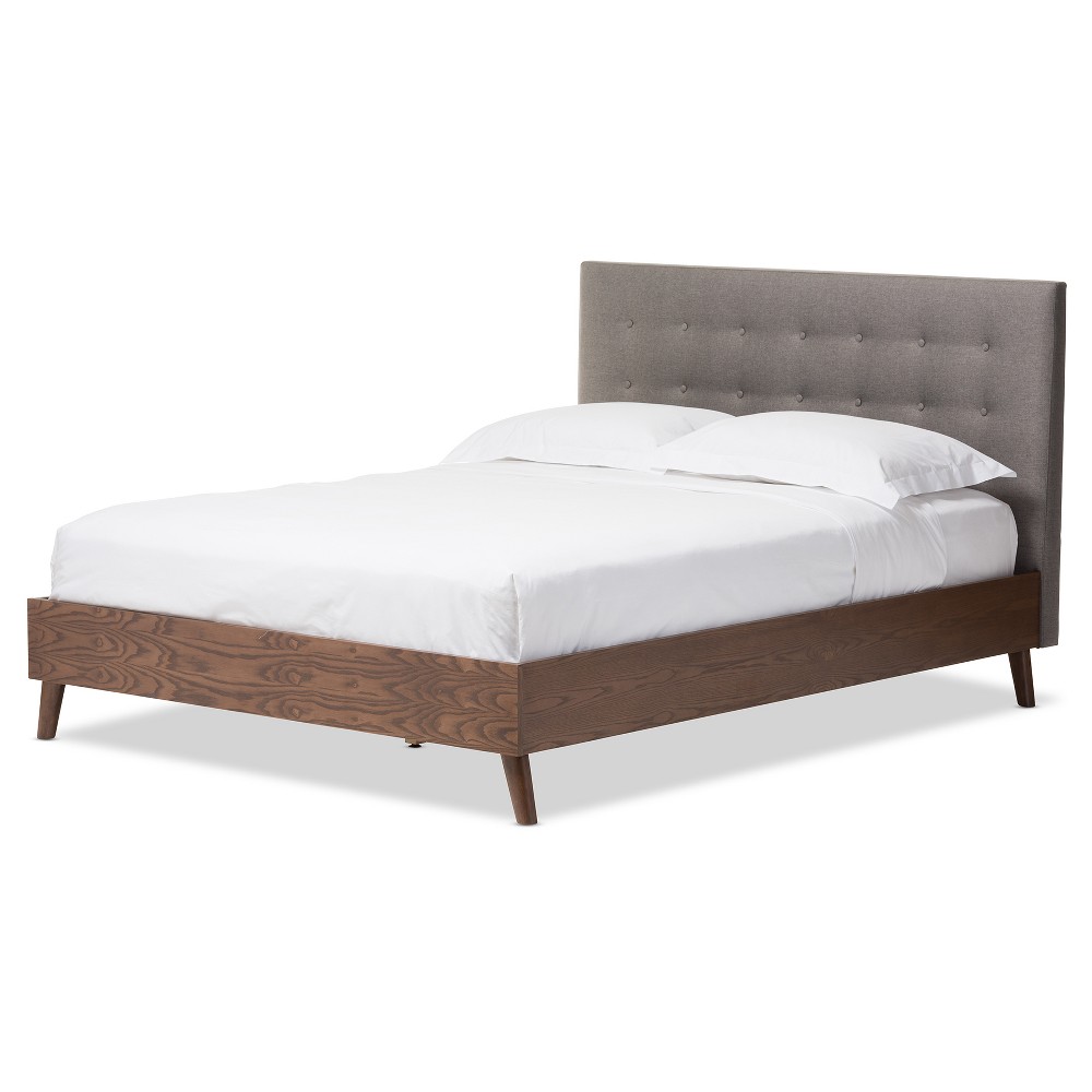 Photos - Bed Frame Full Alinia Mid-Century Retro Modern Fabric Upholstered Walnut Wood Platfo