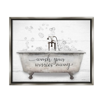 Stupell Industries Wash Your Worries Away Tub Bubbles Framed Floater Canvas Wall Art