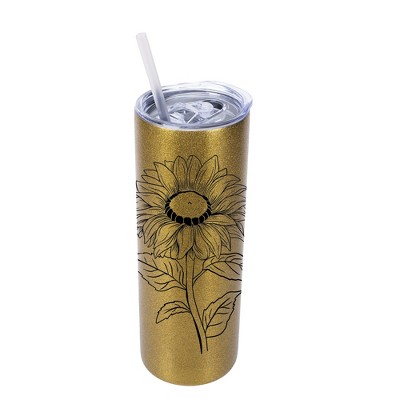 Elanze Designs Joyful Sunflower 20 Ounce Double-Walled Stainless Steel Insulated Slim Travel Tumbler with Lid and Straw, Vegas Gold