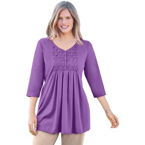 Woman Within Plus Size Smocked Henley Trapeze Tunic - 1 of 4