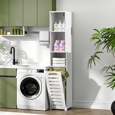 VECELO Tall Bathroom Cabinet With Mirror & Door, Tilt Out Laundry Hamper Cabinet with Removable Laundry Basket, White