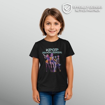 KPop Demon Hunters Girls' KPop Demon Hunters HUNTR/X Battle Ready Group Shot T Shirt - Black - Small — фото 2