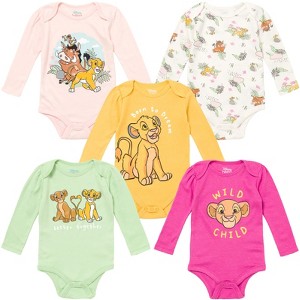 Disney Classics Princess Lion King Pumbaa Princess Ariel Timon Baby Girls 5 Pack Bodysuits Newborn to Infant - 1 of 4