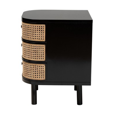 Nabila Black Bayur Wood and Natural Rattan 3-Drawer Nightstand